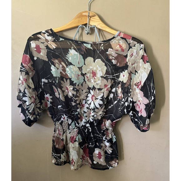 American Rag Cie Women's Sheer See-Through Blouse Shirt Top Black Floral Small - Picture 2 of 3